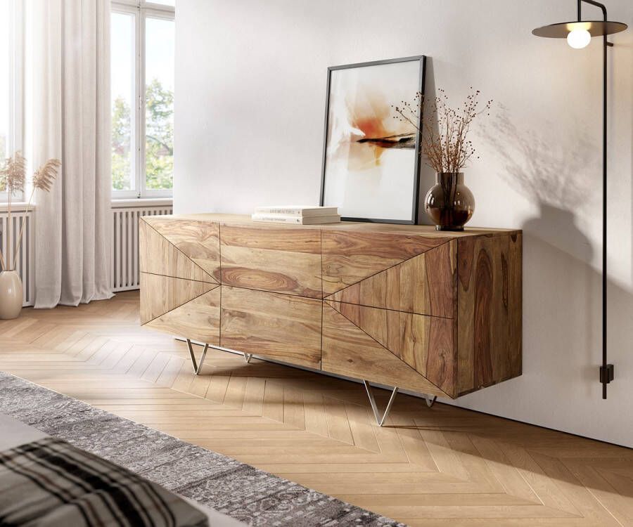 DELIFE Dressoir Wyatt sheesham natuur 175 cm 2 deuren 2 laden roestvrij stalen design sideboard