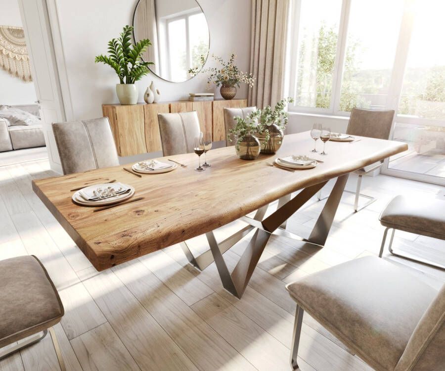 DELIFE Eetkamertafel Edge acacia natuur 260x100 XL Spider staal roestvrij staal Live-Edge