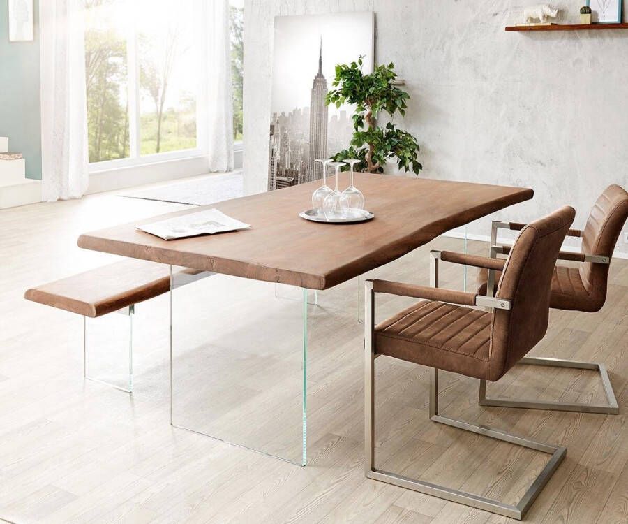 DELIFE Massief houten tafel Live-edge Acacia bruin 200x100 bovenblad 5 cm glazen poten boomtafel