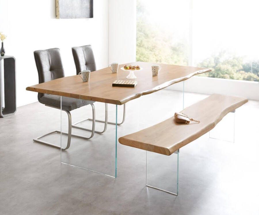 DELIFE Massief houten tafel Live-Edge acacia natuur 200x100 bovenblad 3 5 cm glazen poten boomtafel