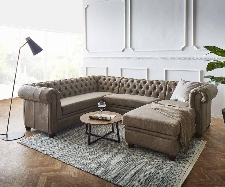 DELIFE Hoekbank Chesterfield 260x200 cm taupe gewatteerd ottomaan rechts