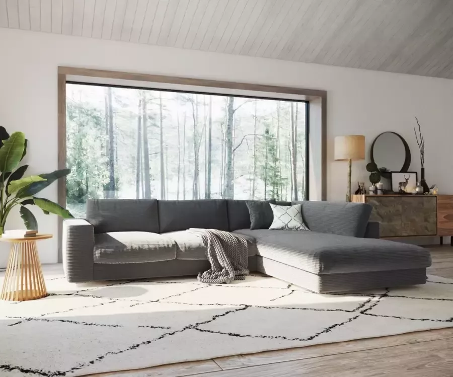 DELIFE Hoekbank Cubico Cord antraciet 325 x 225 ottoman rechts