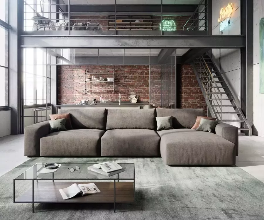 DELIFE Hoekbank Lanzo XL microvezel kaki bruin 390x180 cm variabele rugleuning