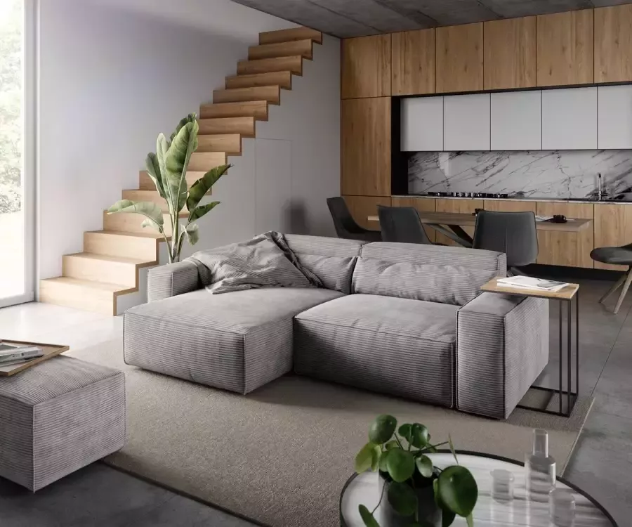 DELIFE Hoekbank Sirpio L 260x160 cm koord Zzlvergrijs recamiere variabel met kruk