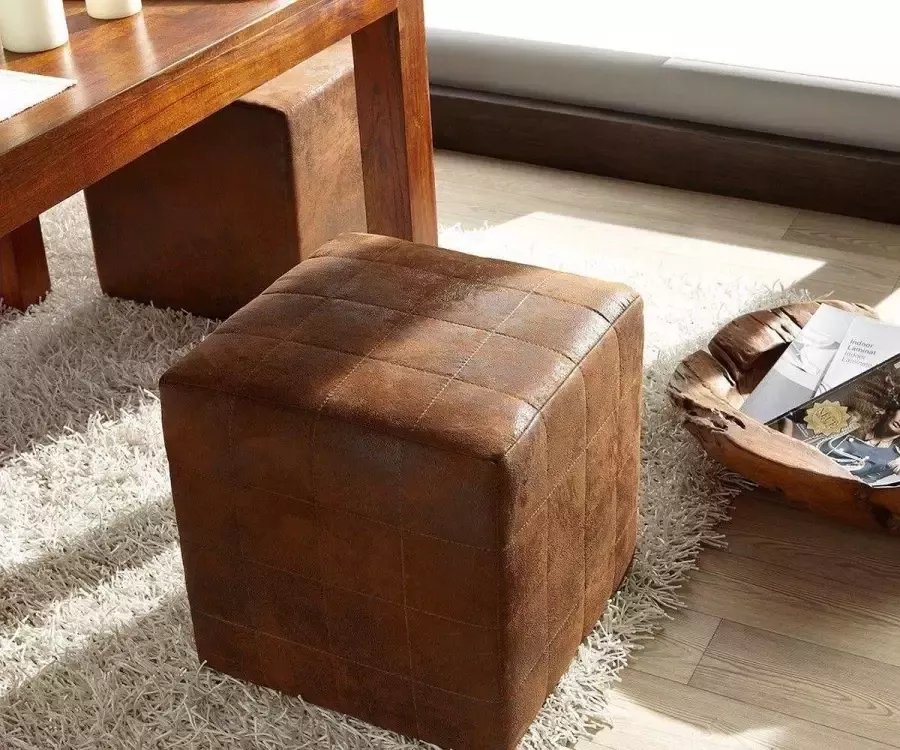 DELIFE Krukje Dado bruin 45x45 cm kubus kruk antieke look gewatteerd