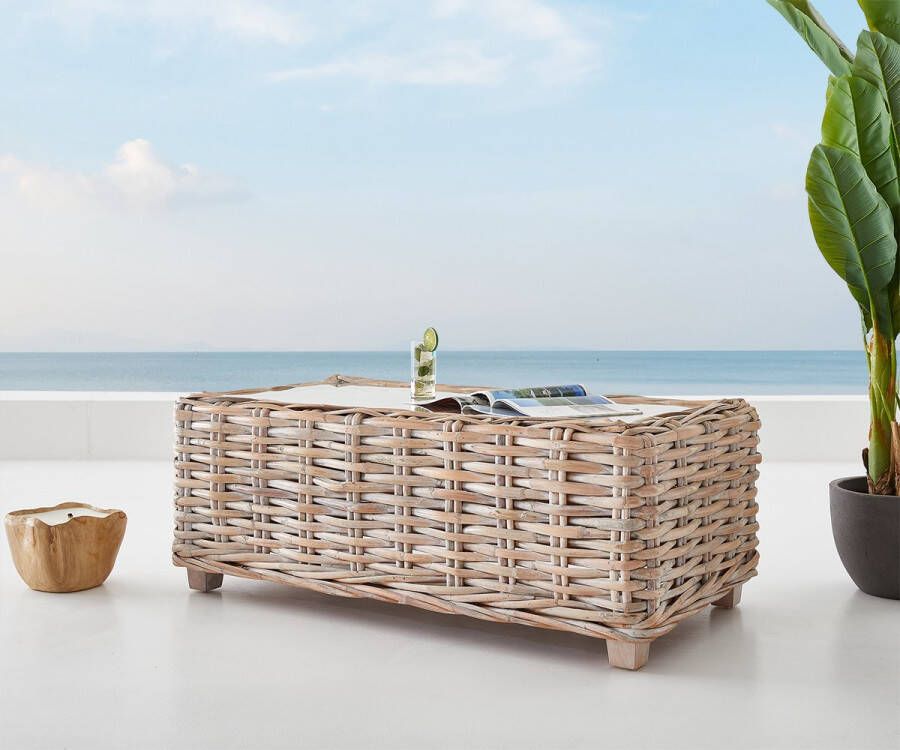 DELIFE Loungetafel Nizza rattan white washed 133x73x51 cm glasplaat Loungetafel