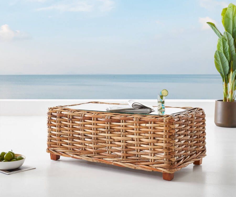 DELIFE Loungetafel Nizza rotan natuur 130x70 cm loungetafel met glasplaat