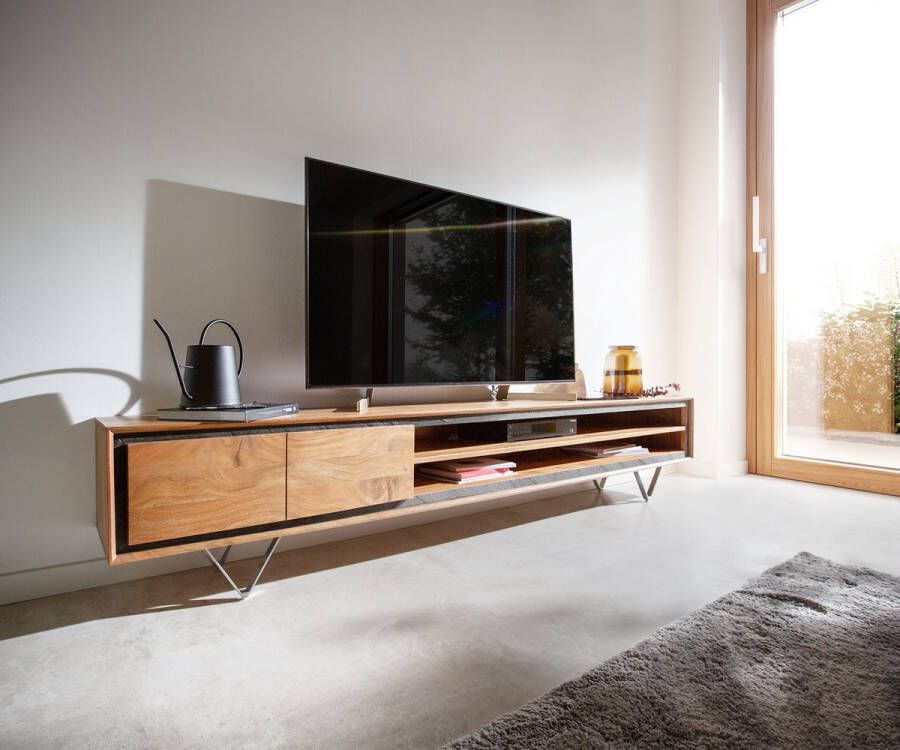 DELIFE Lowboard Stonegrace 240 cm Acacia natuur 2 deuren 4 vakken steenfineer V-voet
