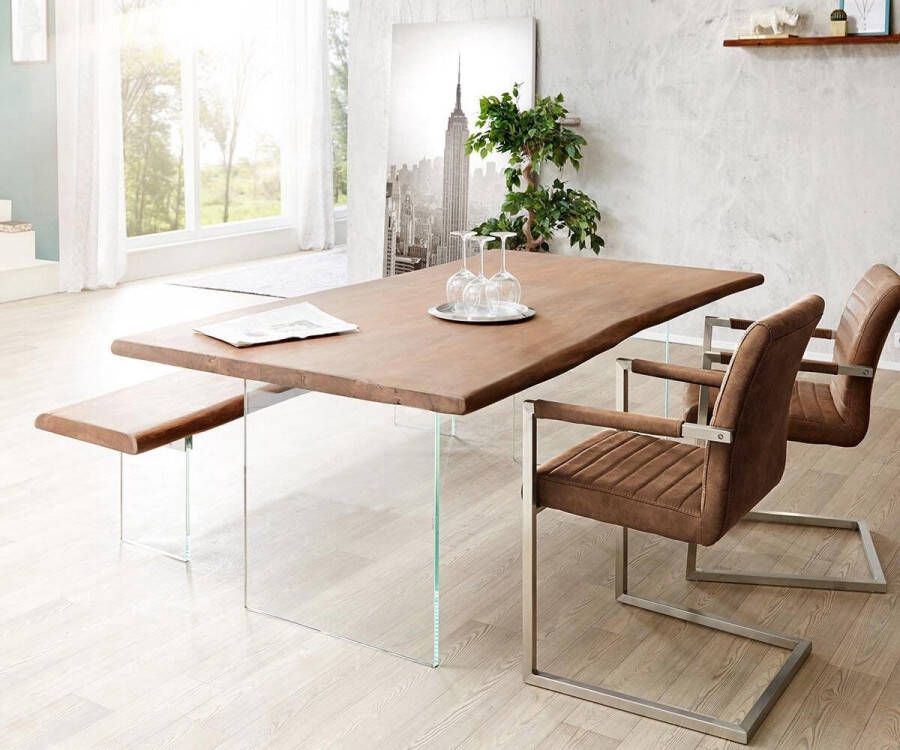 DELIFE Massief houten tafel Live-Edge Acacia bruin 200x100 bovenblad 3 5 cm glazen poten boomtafel