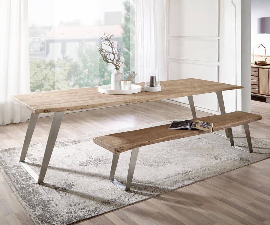 DELIFE Massief houten tafel Live-Edge Acacia Champagne 260x100 bovenste 3 5 cm roestvrijstalen schuin boomtafel
