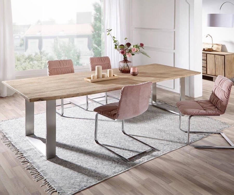 DELIFE Massief houten tafel Live-Edge acacia Champagne 260x100 top 3 5 cm frame smalle boomtafel