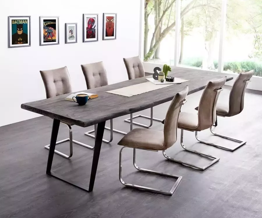 DELIFE Massief-houten-tafel met Live-Edge acacia platina 300x100 top 5 5cm frame diagonale boomtafel