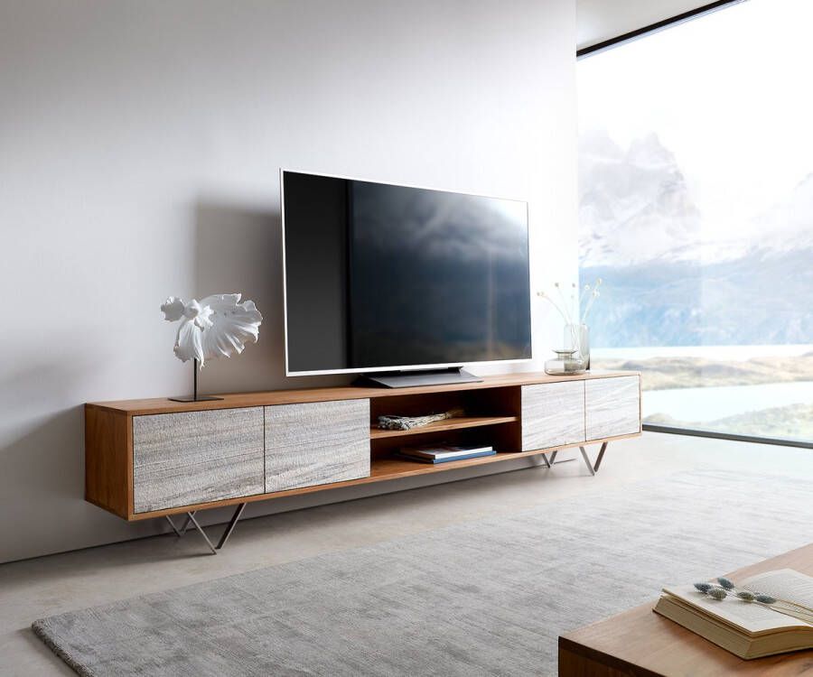 DELIFE TV-meubel Kleo acacia natuur 240 cm 4 deuren V-poot roestvrij staal Lowboard