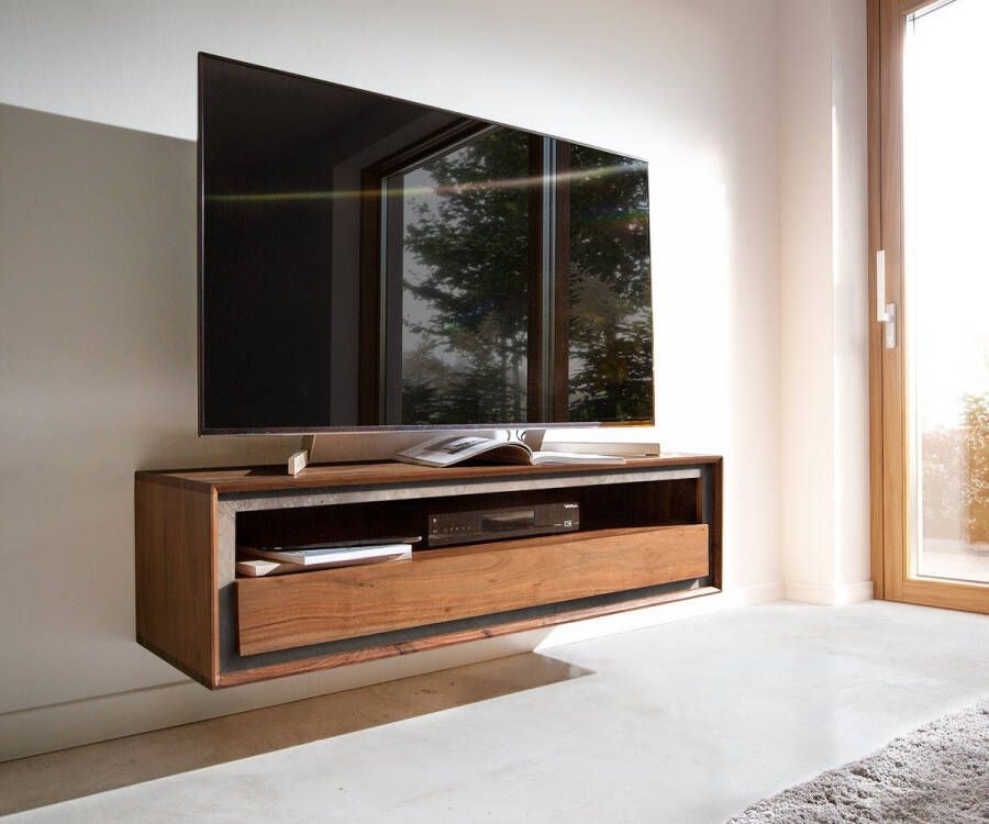 DELIFE Tv-meubel Stonegrace 115x30 cm acacia bruin steenfineer 1 lade 1 legplank zwevend