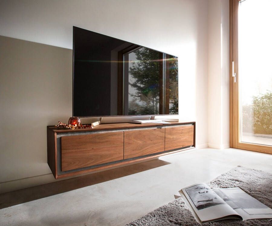 DELIFE Tv-meubel Stonegrace 145 cm acacia bruin steen fineer 3 deuren zwevend