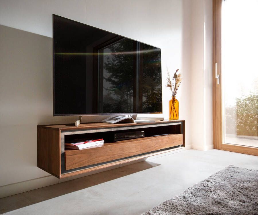 DELIFE Tv-meubel Stonegrace 145 cm acacia bruin steenfineer 2 laden 1 legbord zwevend