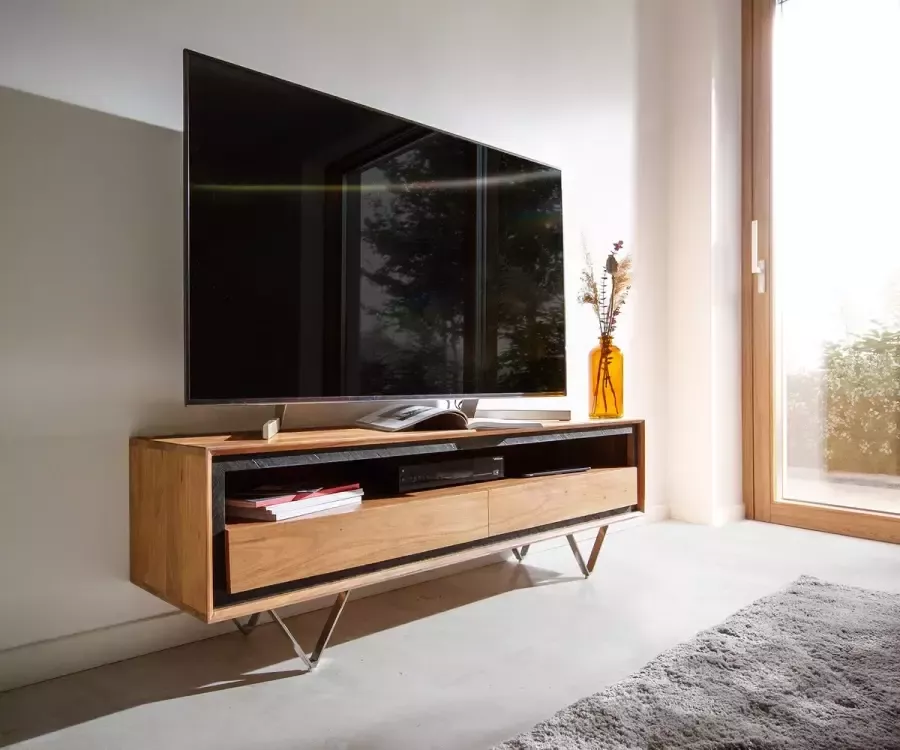 DELIFE Tv-meubel Stonegrace 145 cm acacia natuur 1 legplank 2 laden steenfineer V-voet