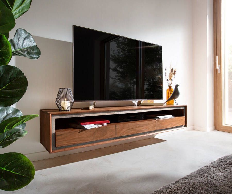 DELIFE Tv-meubel Stonegrace 175 cm acacia bruin steenfineer 3 laden 1 legbord zwevend