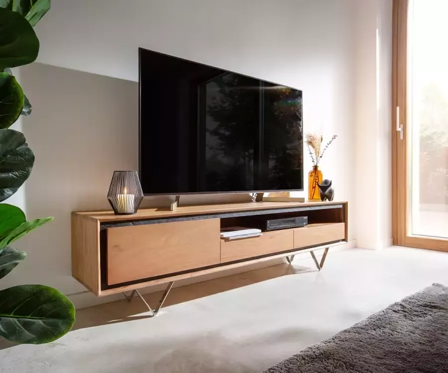 DELIFE Tv-meubel Stonegrace 175 cm Acacia natuur 1 deur 1 legplank 2 laden steenfineer V-voet