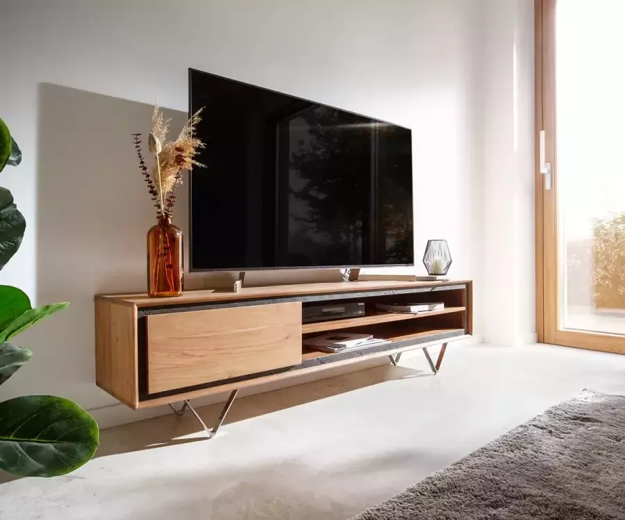 DELIFE Tv-meubel Stonegrace 175 cm Acacia natuur 1 deur 2 vakken steenfineer V-voet
