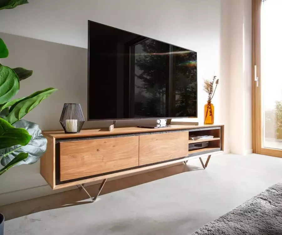 DELIFE Tv-meubel Stonegrace 175 cm Acacia natuur 2 deuren 2 vakken steenfineer V-voet