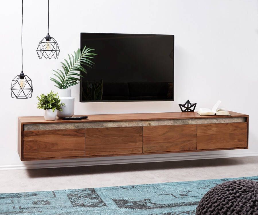 DELIFE Tv-meubel Stonegrace 200 cm acacia bruin Leisteen 4 laden zwevend
