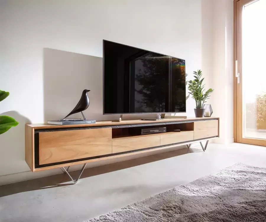 DELIFE Tv-meubel Stonegrace 240 cm Acacia natuur 2 deuren 1 legplank 2 laden steenfineer V-voet