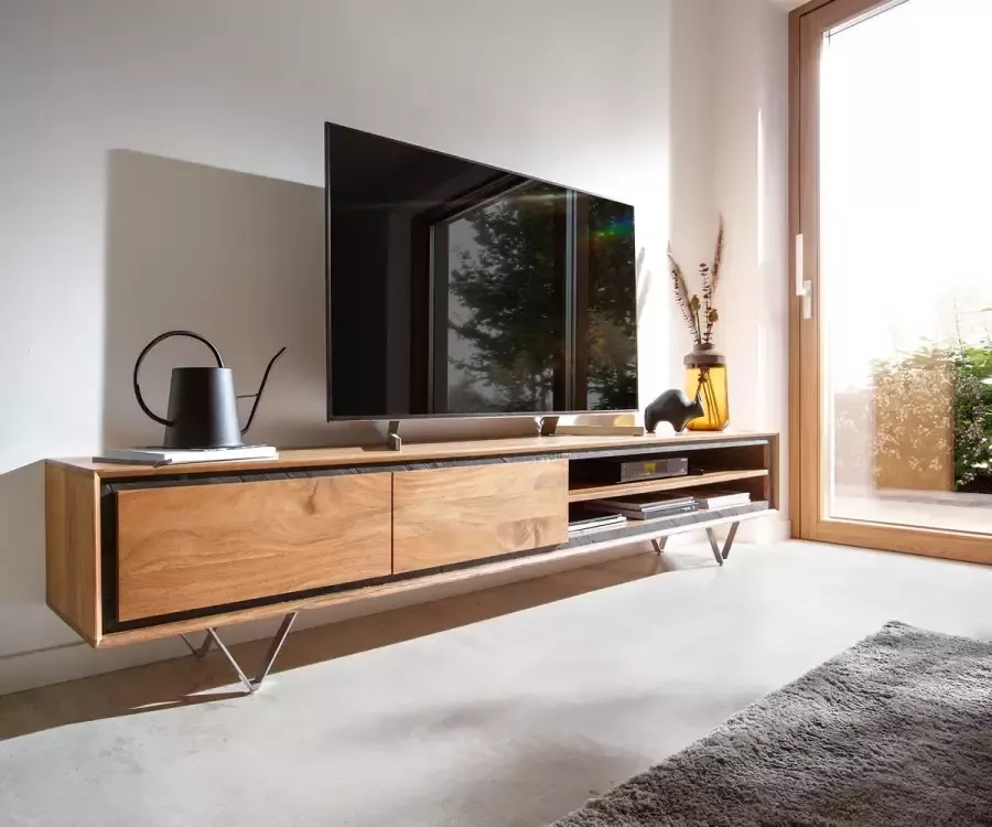 DELIFE Tv-meubel Stonegrace 240 cm Acacia natuur 2 deuren 2 vakken steenfineer V-voet