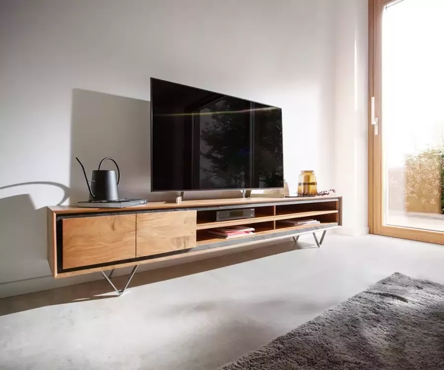 DELIFE Tv-meubel Stonegrace 240 cm Acacia natuur 2 deuren 4 vakken steenfineer V-voet
