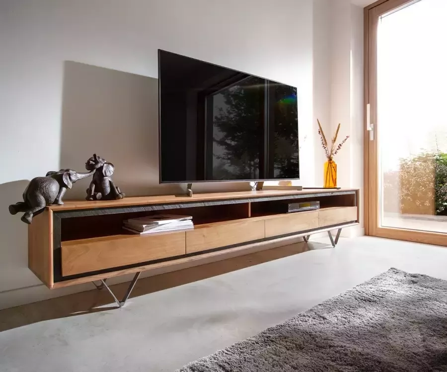 DELIFE Tv-meubel Stonegrace 240 cm Acacia natuur 2 vakken 4 laden steenfineer V-voet