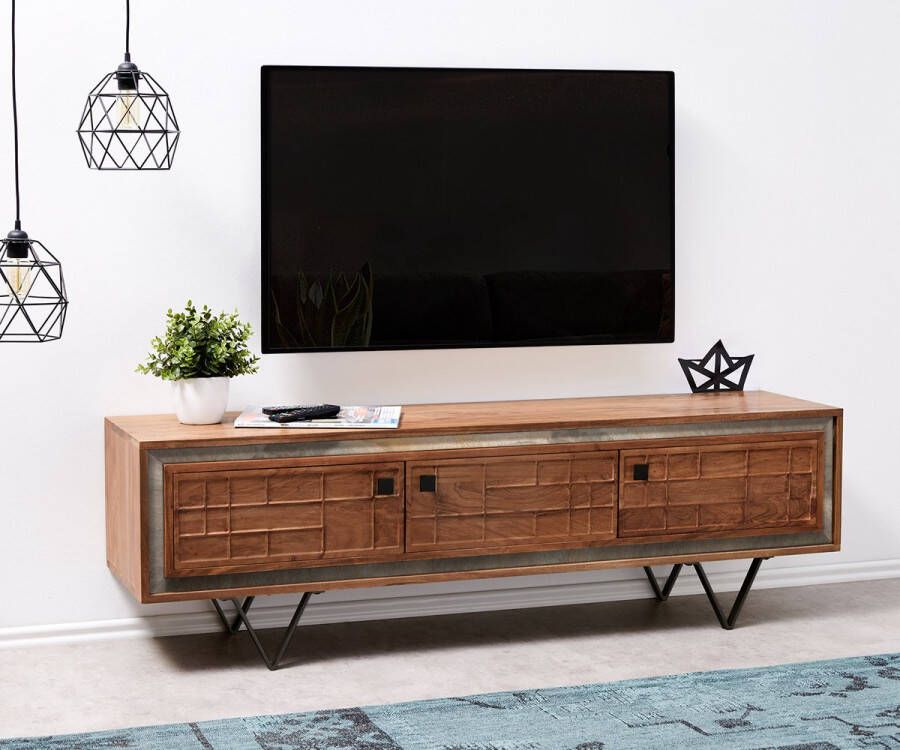 DELIFE Tv-meubel Stonegrace acacia bruin 3D 150 cm 3 deuren V-poot zwart Tv-meubel