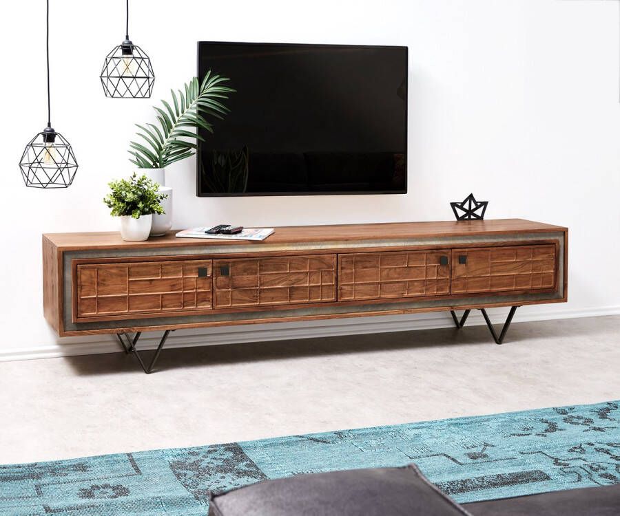 DELIFE Tv-meubel Stonegrace acacia bruin 3D 200 cm 4 deuren V-poot zwart Tv-meubel