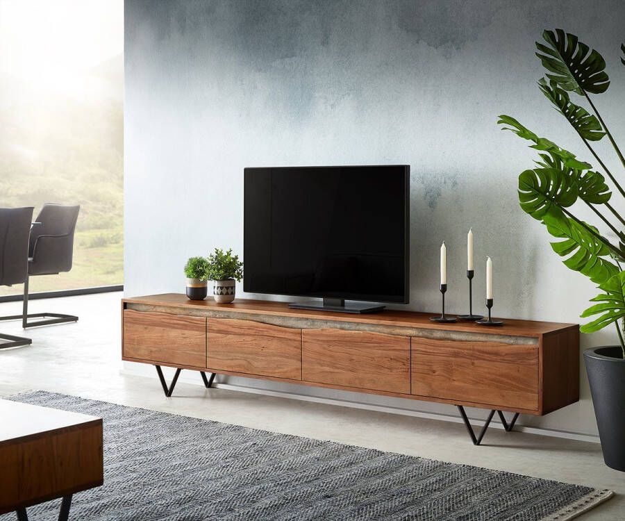 DELIFE Tv-meubel Stonegrace acacia bruin Boomrand 220 cm 4 deuren V-poot zwart Tv-meubel