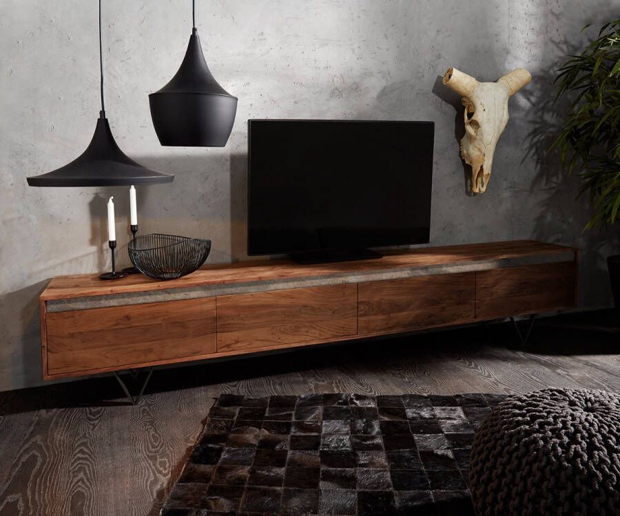 DELIFE Tv-meubel Stonegrace acacia bruin Leisteen 240 cm 4 deuren V-poot zwart Tv-meubel
