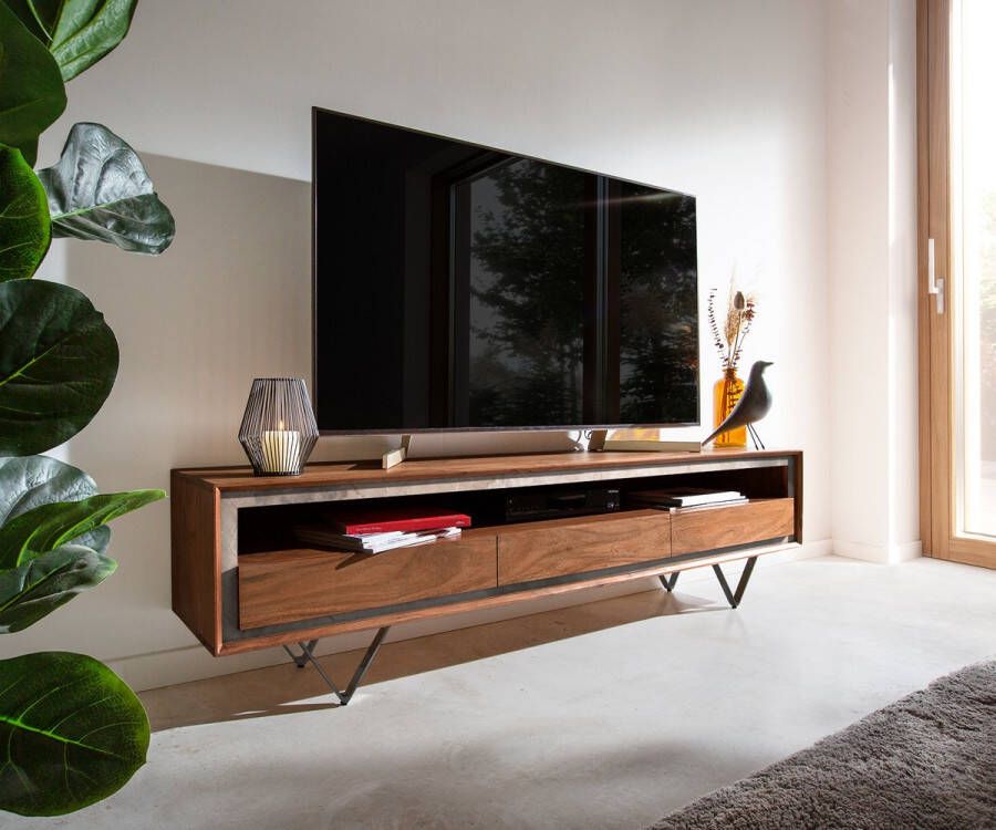 DELIFE Tv-meubel Stonegrace acacia bruin steenfineer 175 cm 3 laden 1 legplank V-poot zwart Tv-meubel