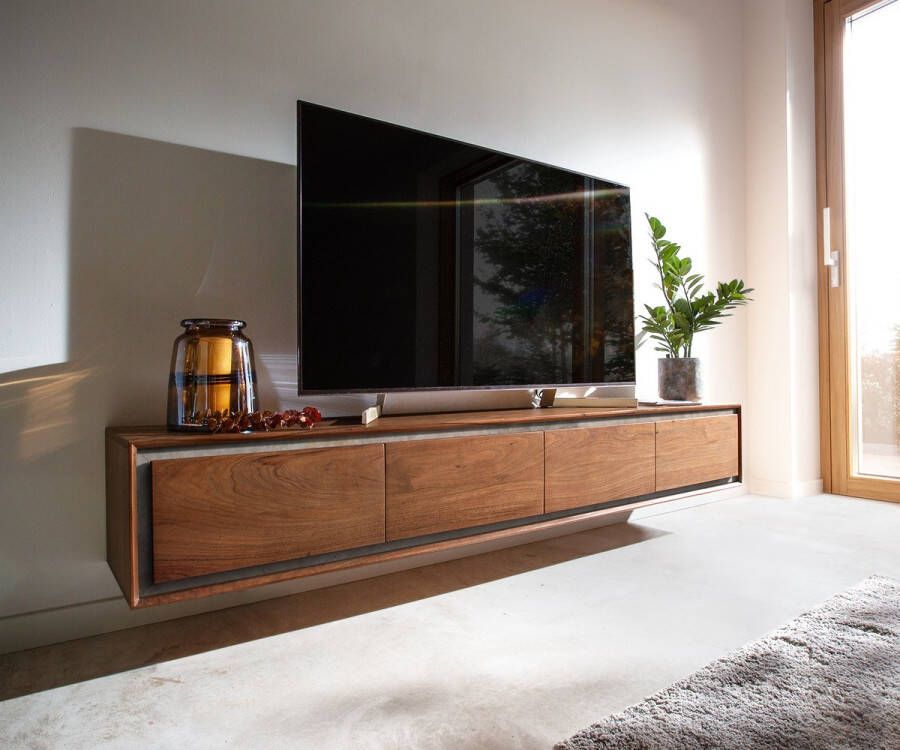 DELIFE Tv-meubel Stonegrace acacia bruin steenfineer 200 cm 4 deuren zwevende Tv-meubel