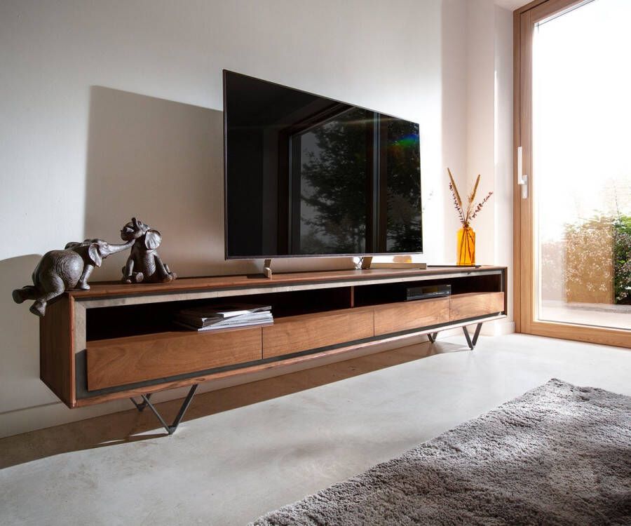 DELIFE Tv-meubel Stonegrace acacia bruin steenfineer 240 cm 4 laden 1 legplank V-poots Tv-meubel zwart