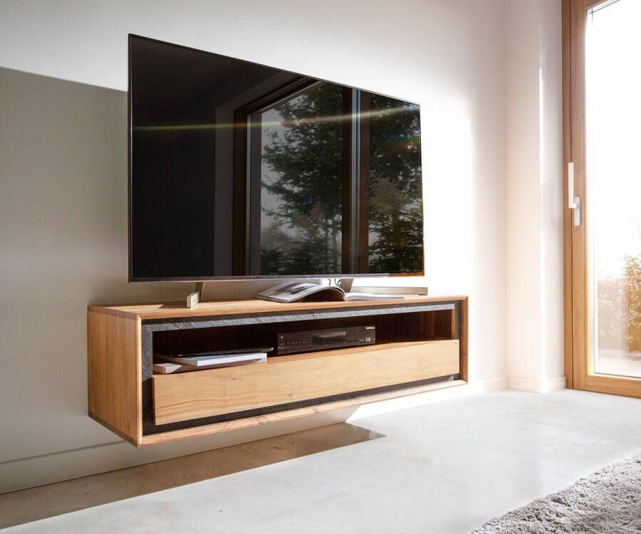 DELIFE Tv-meubel Stonegrace acacia natuur 120 cm 1 legplank 1 lade zwevend Tv-meubel in steenfineer