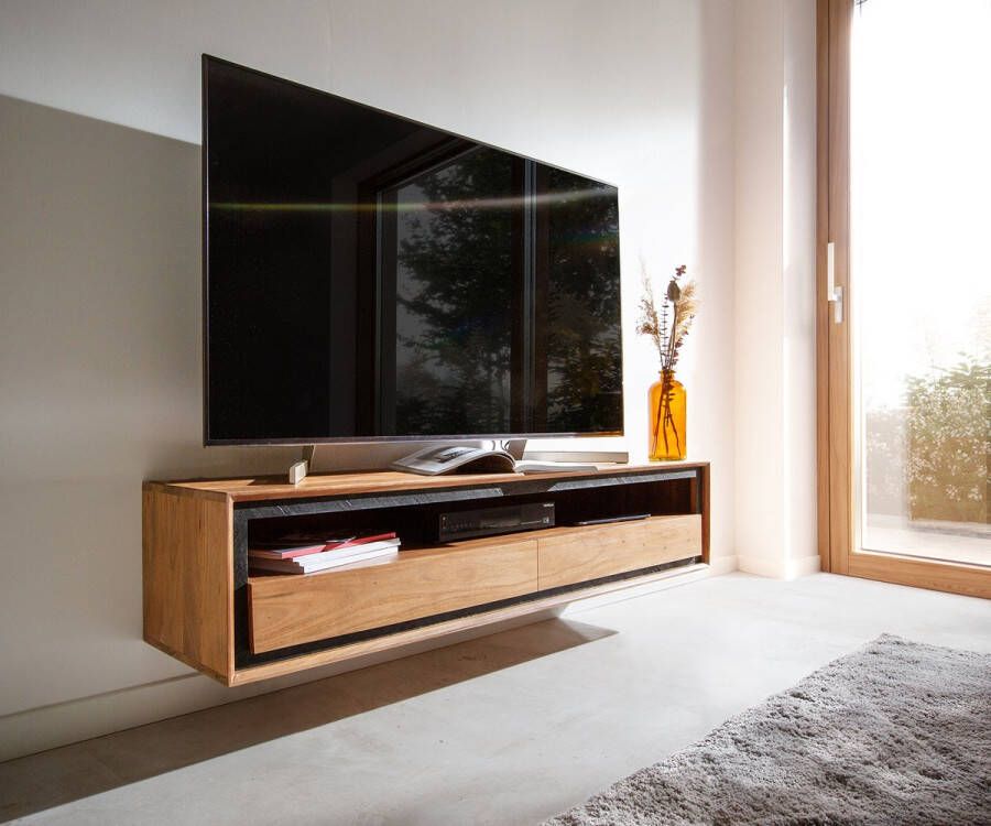 DELIFE Tv-meubel Stonegrace acacia natuur 145 cm 1 plank 2 laden steenfineer zwevend Tv-meubel