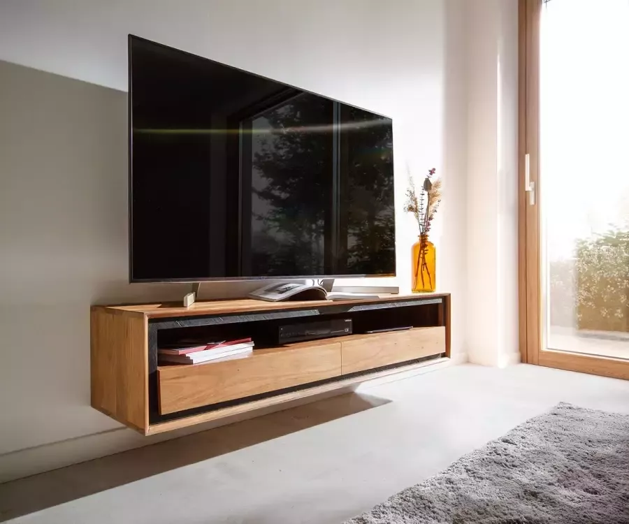 DELIFE Tv-meubel Stonegrace acacia natuur 145 cm 1 plank 2 laden steenfineer zwevend Tv-meubel