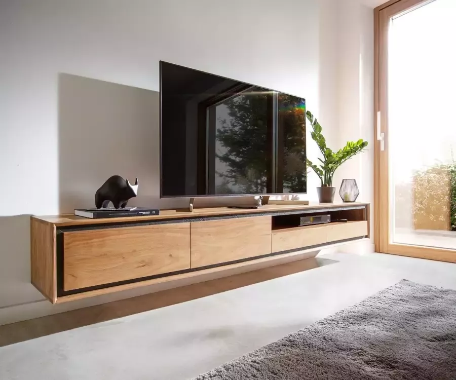 DELIFE Tv-meubel Stonegrace Acacia natuur 240 cm 2 deuren 1 legplank 2 laden steenfineer zwevend Tv-meubel - Foto 1