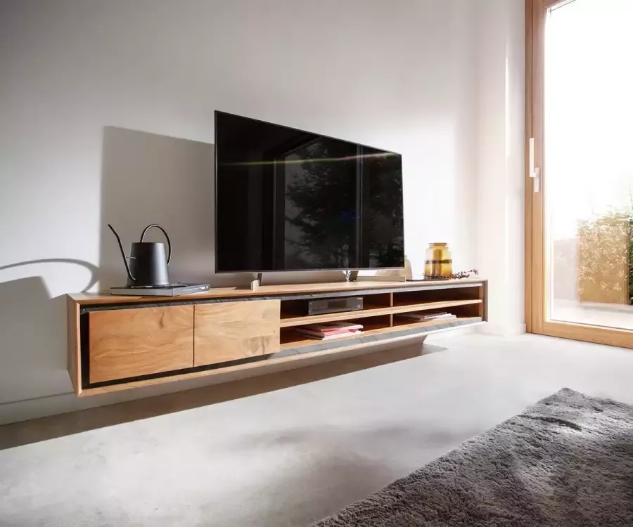 DELIFE Tv-meubel Stonegrace acacia natuur 240 cm 2 deuren 4 vakken steenfineer zwevend Tv-meubel