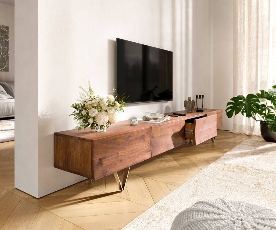DELIFE Tv-meubel Wyatt 220 cm acacia bruin 4 laden V-poot roestvrij staal