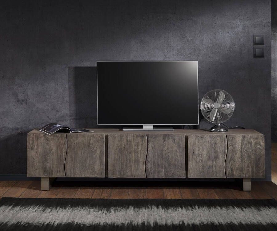 DELIFE TV-tafel Live-Edge Acacia Platinum 220 cm 6-deurs massief houten boomrand tv-meubel