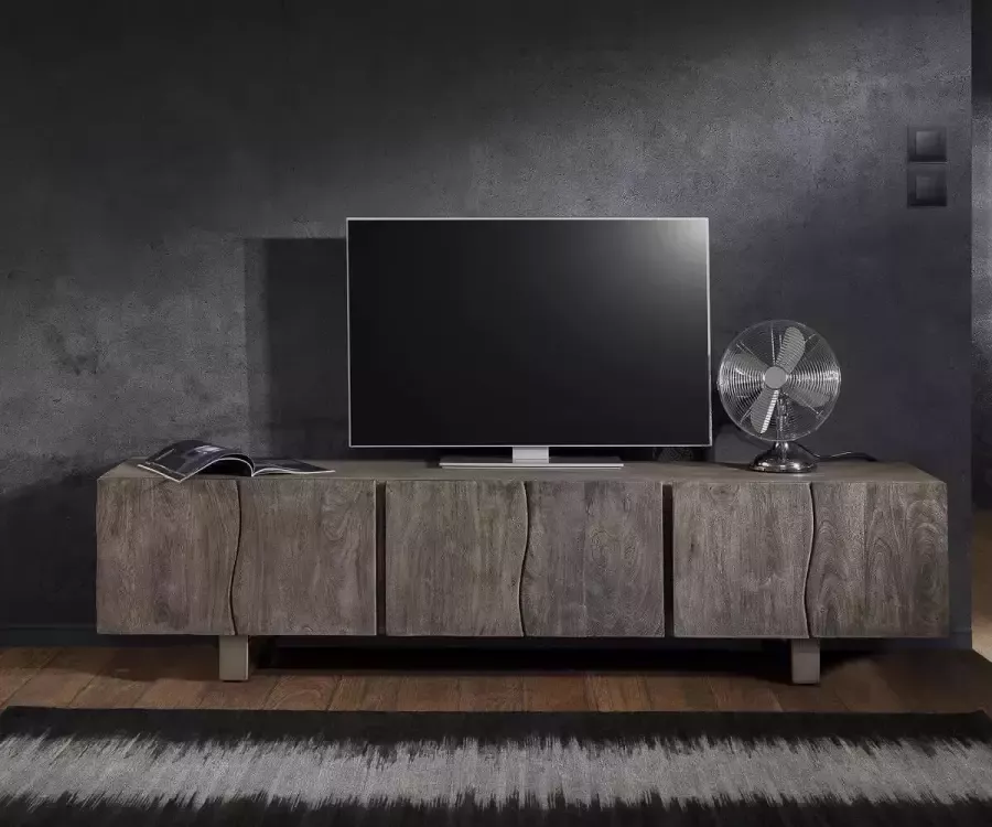 DELIFE TV-tafel Live-Edge Acacia Platinum 220 cm 6-deurs massief houten boomrand tv-meubel