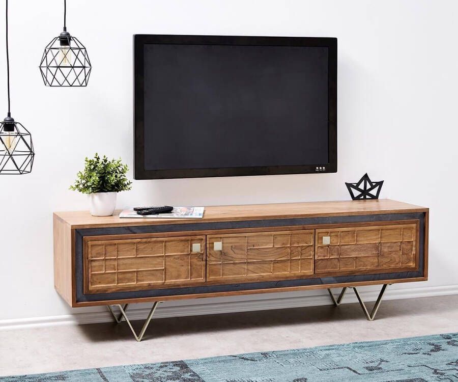 DELIFE TV-tafel Stonegrace acacia natuur 147 cm 3 deuren steenfineer designer Lowboard