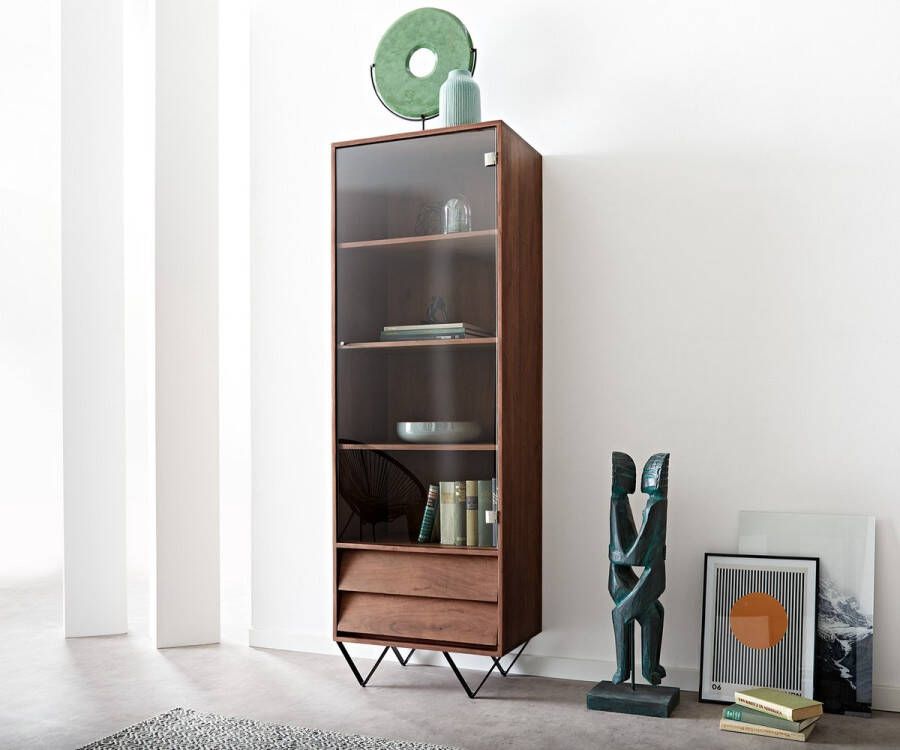 DELIFE Vitrinekast Eloi acacia bruin 60x40 cm 1 deur 2 laden V-poot zwart