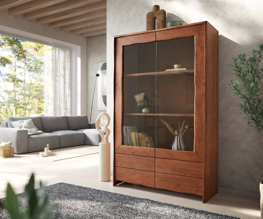 DELIFE Vitrinekast Live Edge acacia bruin 120x190 cm 2 deuren 4 laden massief highboard