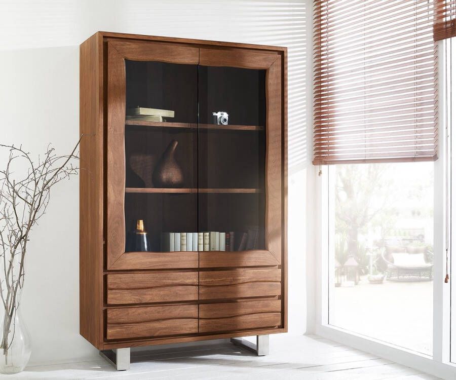 DELIFE Vitrinekast Live-Edge acacia bruin 120x190 cm 2 deuren 4 laden rechte rand