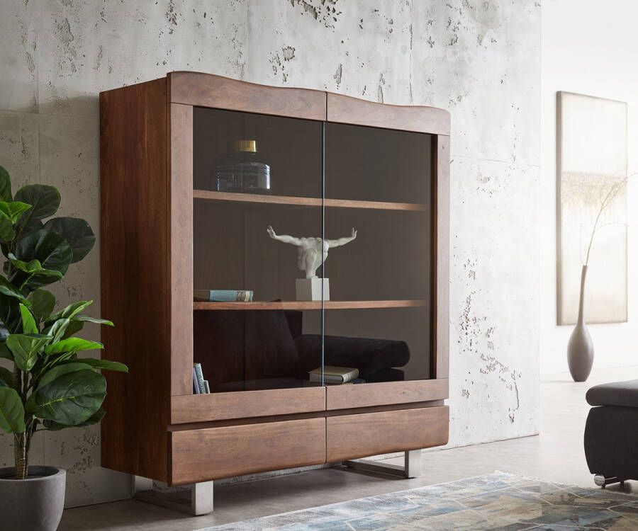 DELIFE Vitrinekast Live Edge acacia bruin 140x150 cm 2 deuren 2 laden boomrand